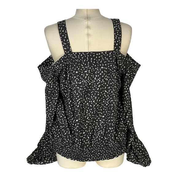 BEBE Black Grey White Polka Dot Long Sleeve Off the Shoulder Strap Blouse Sz XL - Picture 5 of 12
